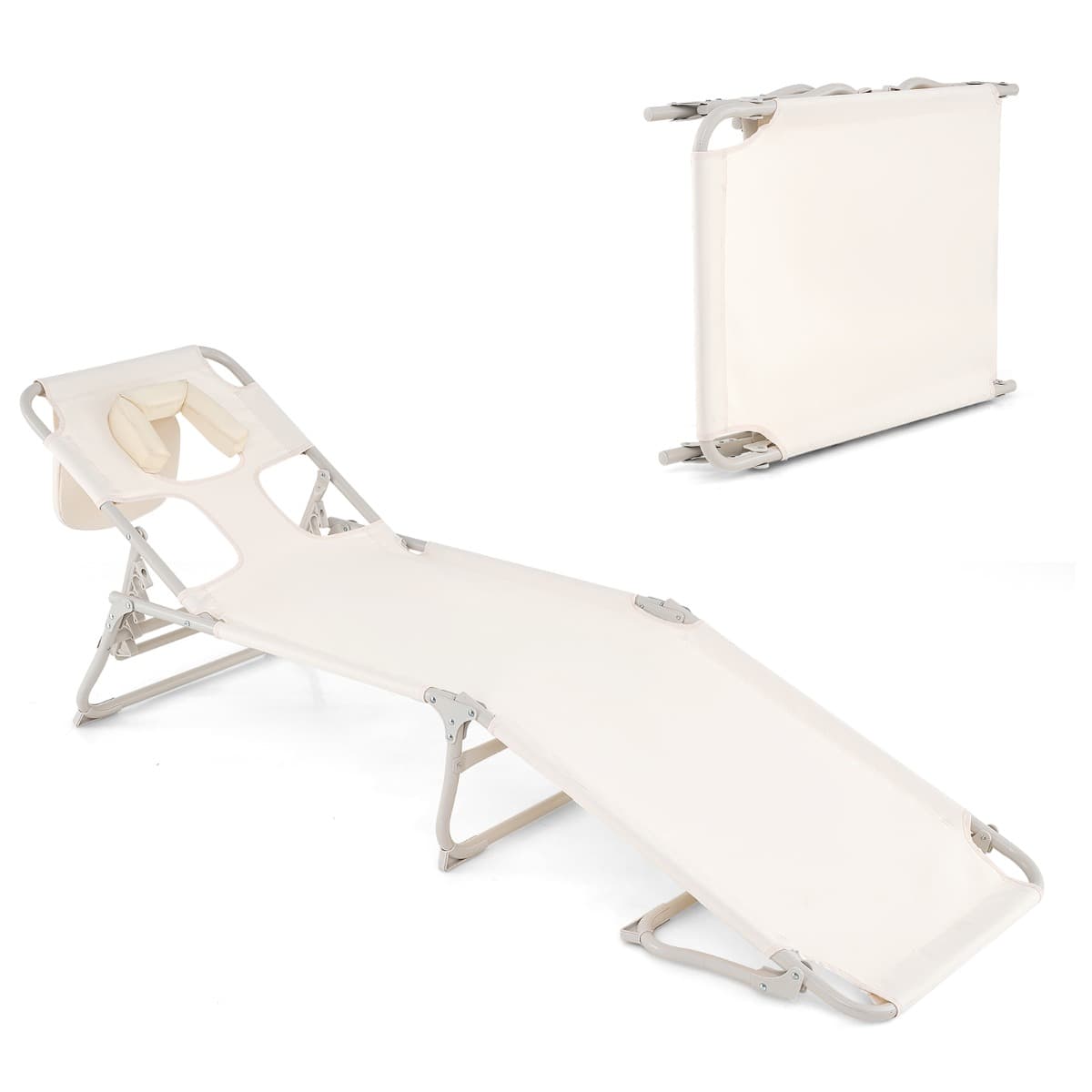 CostwayChaise de Bronzage avec Trous pour Visage et Bras Chaise Longue de Plage Pliante avec Dossier et Repose-Pieds Réglables Beige