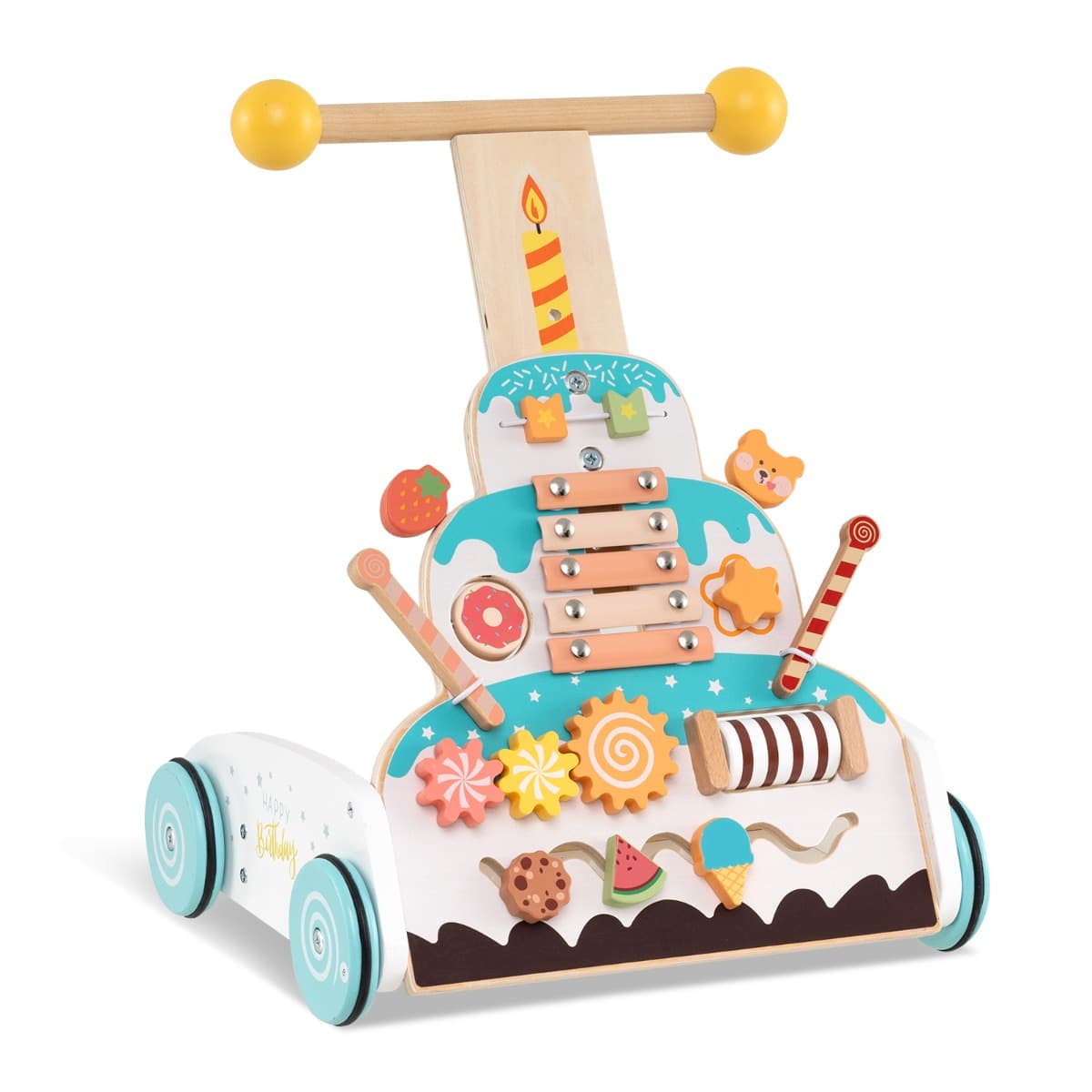 CostwayPorteur en Bois pour Bébé Porteur Pousser Réglable en Hauteur avec Centre d'Activités Xylophone Blocs Glissants pour 1 An+ Blanc